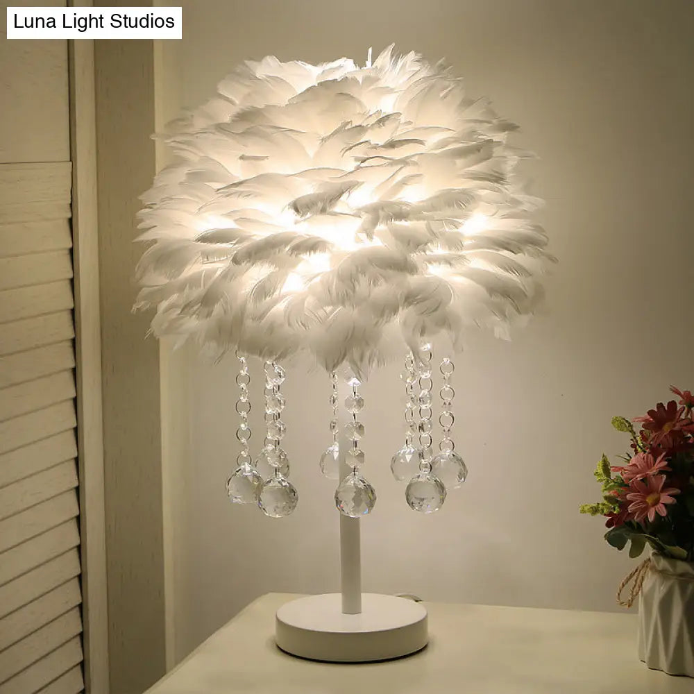 Modern Hemisphere Feather Table Lamp With Crystal Ball And Night Light - Grey/White/Pink