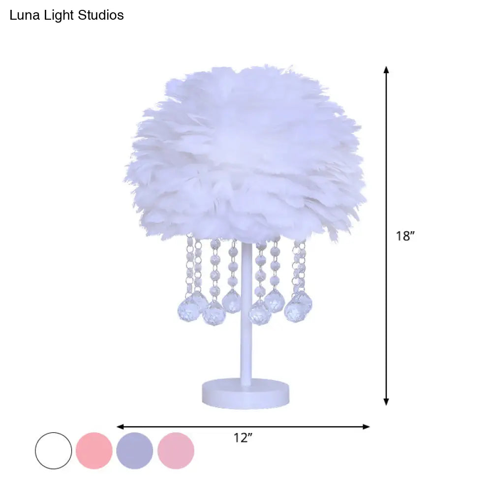 Modern Hemisphere Feather Table Lamp With Crystal Ball And Night Light - Grey/White/Pink