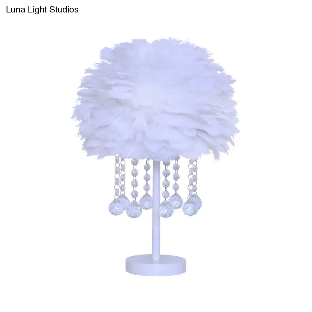 Modern Hemisphere Feather Table Lamp With Crystal Ball And Night Light - Grey/White/Pink