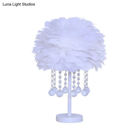 Modern Hemisphere Feather Table Lamp With Crystal Ball And Night Light - Grey/White/Pink