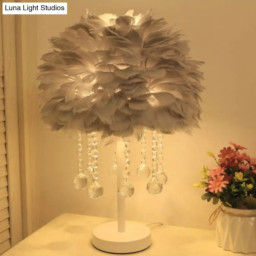 Modern Hemisphere Feather Table Lamp With Crystal Ball And Night Light - Grey/White/Pink