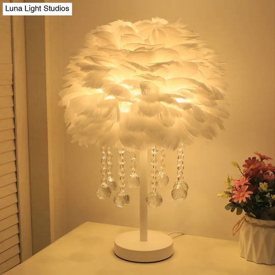 Modern Hemisphere Feather Table Lamp With Crystal Ball And Night Light - Grey/White/Pink