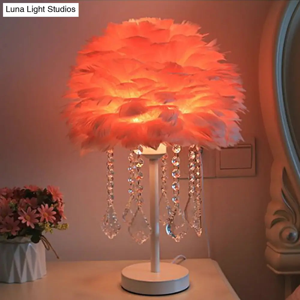 Modern Hemisphere Feather Table Lamp With Crystal Ball And Night Light - Grey/White/Pink