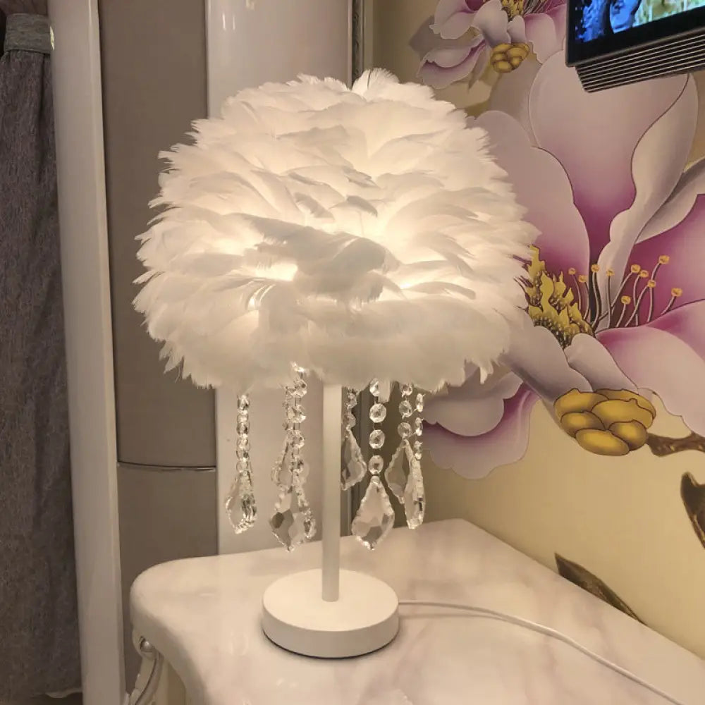 Modern Hemisphere Feather Table Lamp With Crystal Ball And Night Light - Grey/White/Pink White / A