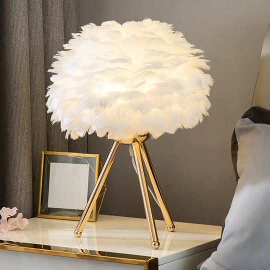 Modern Hemispherical Nightstand Light With Delicate Feather Accent - 1-Light Bedside Table Lamp Gold