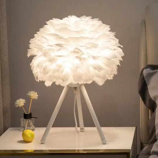 Modern Hemispherical Nightstand Light With Delicate Feather Accent - 1-Light Bedside Table Lamp