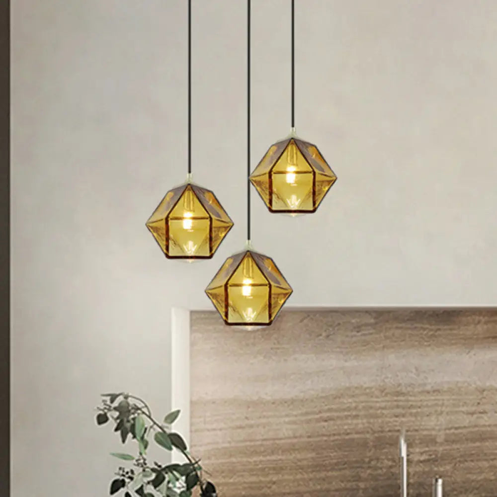 Modern Hexagon Ceiling Lamp With Cognac Glass Shade - 1 Bulb Pendant Light For Dining Room