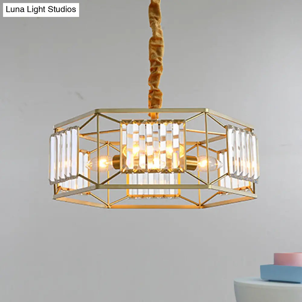 Modern Crystal Block Hanging Light With Hexagon Metal Frame - 3 Heads In Gold