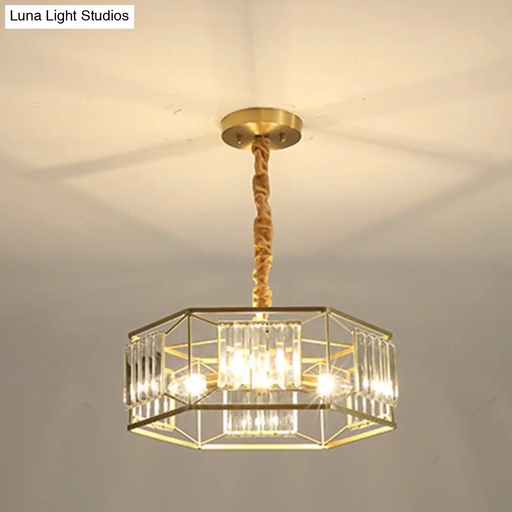 Modern Hexagon Metal Frame Hanging Light With Crystal Block - 3-Head Gold Ceiling Fixture