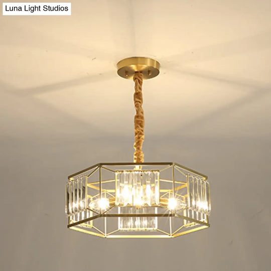 Modern Hexagon Metal Frame Hanging Light With Crystal Block - 3-Head Gold Ceiling Fixture