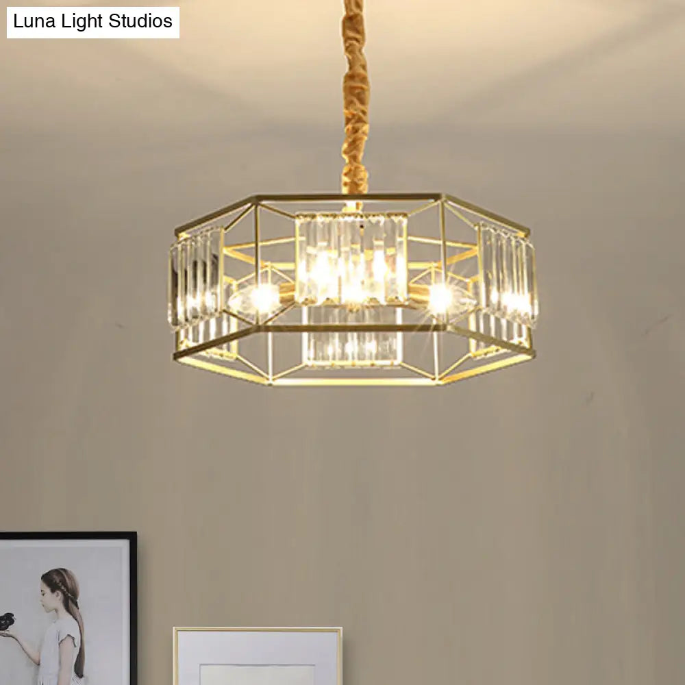 Modern Crystal Block Hanging Light With Hexagon Metal Frame - 3 Heads In Gold