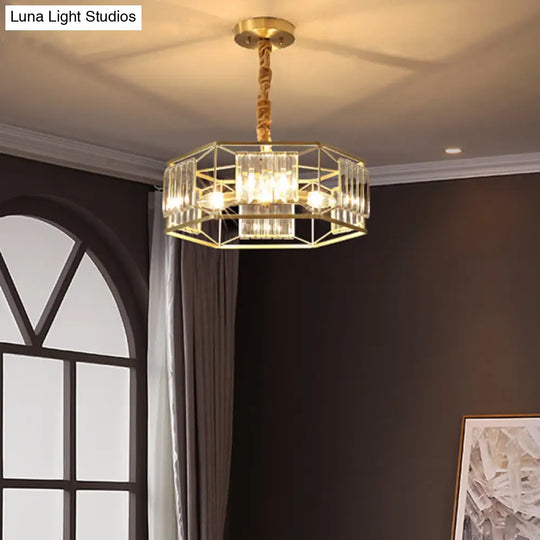 Modern Hexagon Metal Frame Hanging Light With Crystal Block - 3-Head Gold Ceiling Fixture