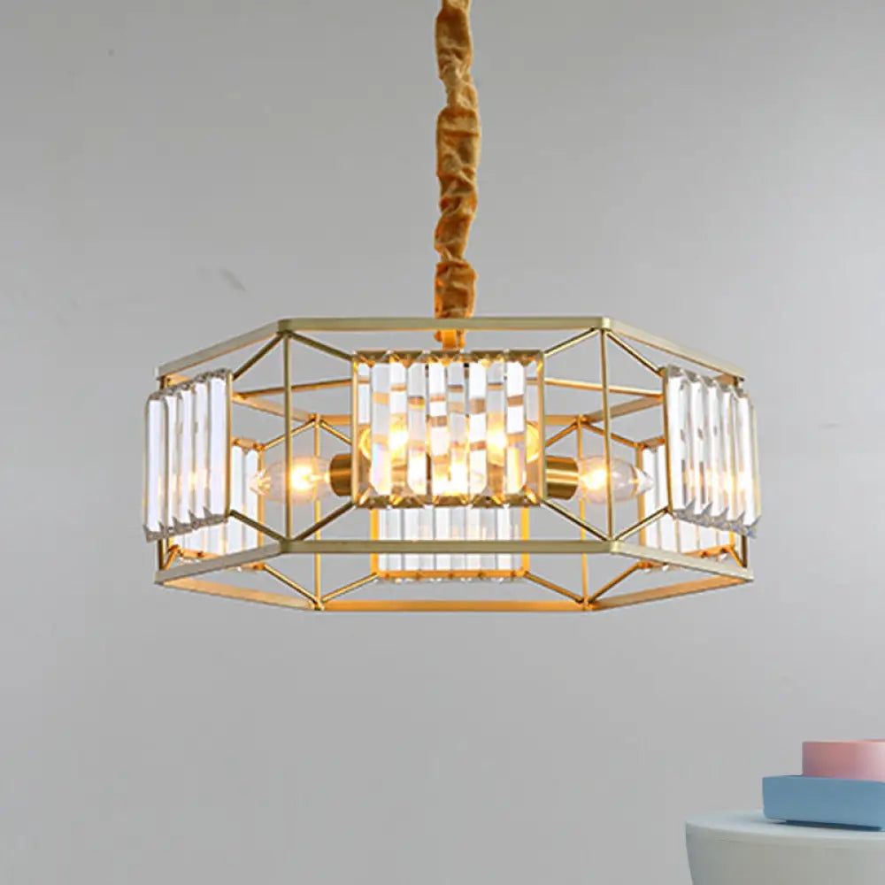 Modern Hexagon Metal Frame Hanging Light With Crystal Block - 3-Head Gold Ceiling Fixture