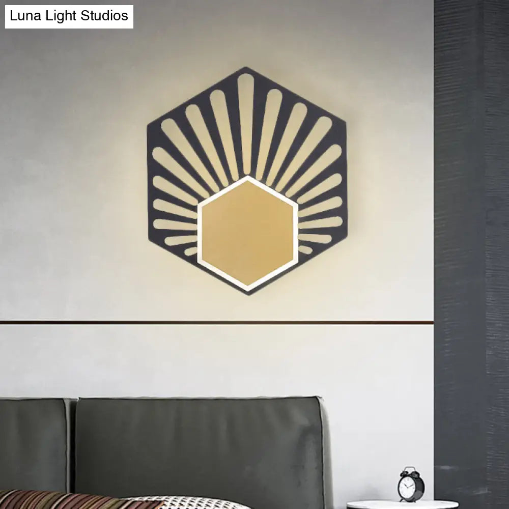 Modern Hexagon Wall Mounted Led Bedside Sconce Lamp - Black Metallic Finish Fan Design 8/10 Wide