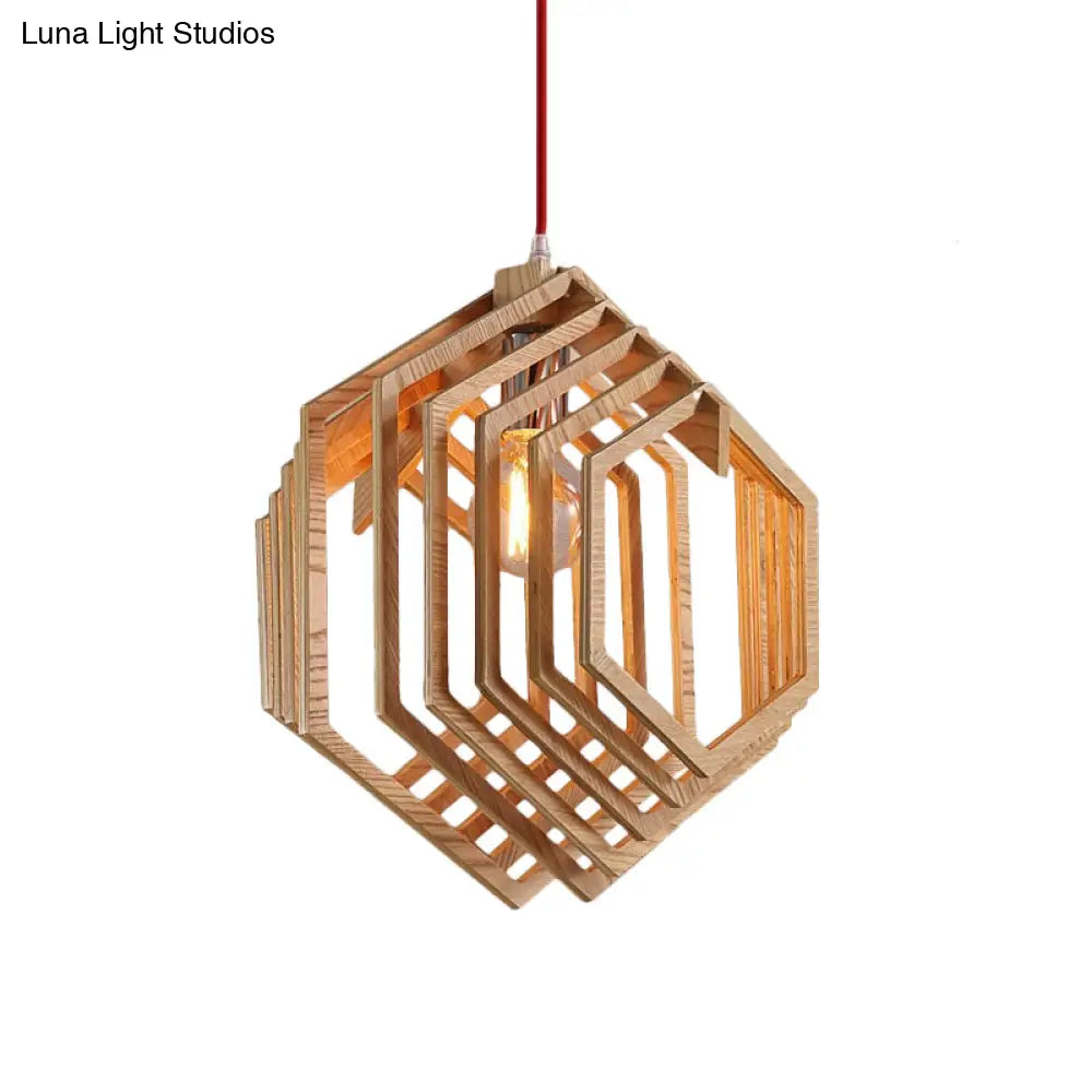 Modern Hexagon Wood Hanging Lamp - Brown Pendant Light For Dining Room Ceiling