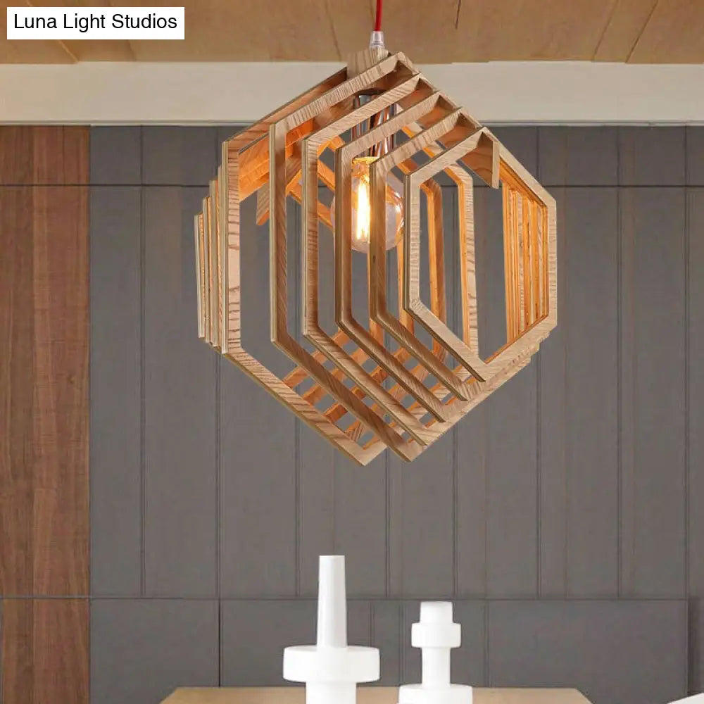 Modern Wood Hexagon Hanging Lamp - Brown Pendant Light For Dining Room Ceiling (1 Bulb)