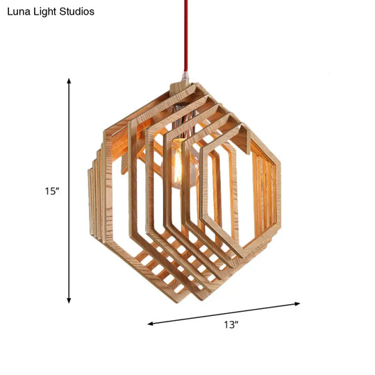 Modern Hexagon Wood Hanging Lamp - Brown Pendant Light For Dining Room Ceiling