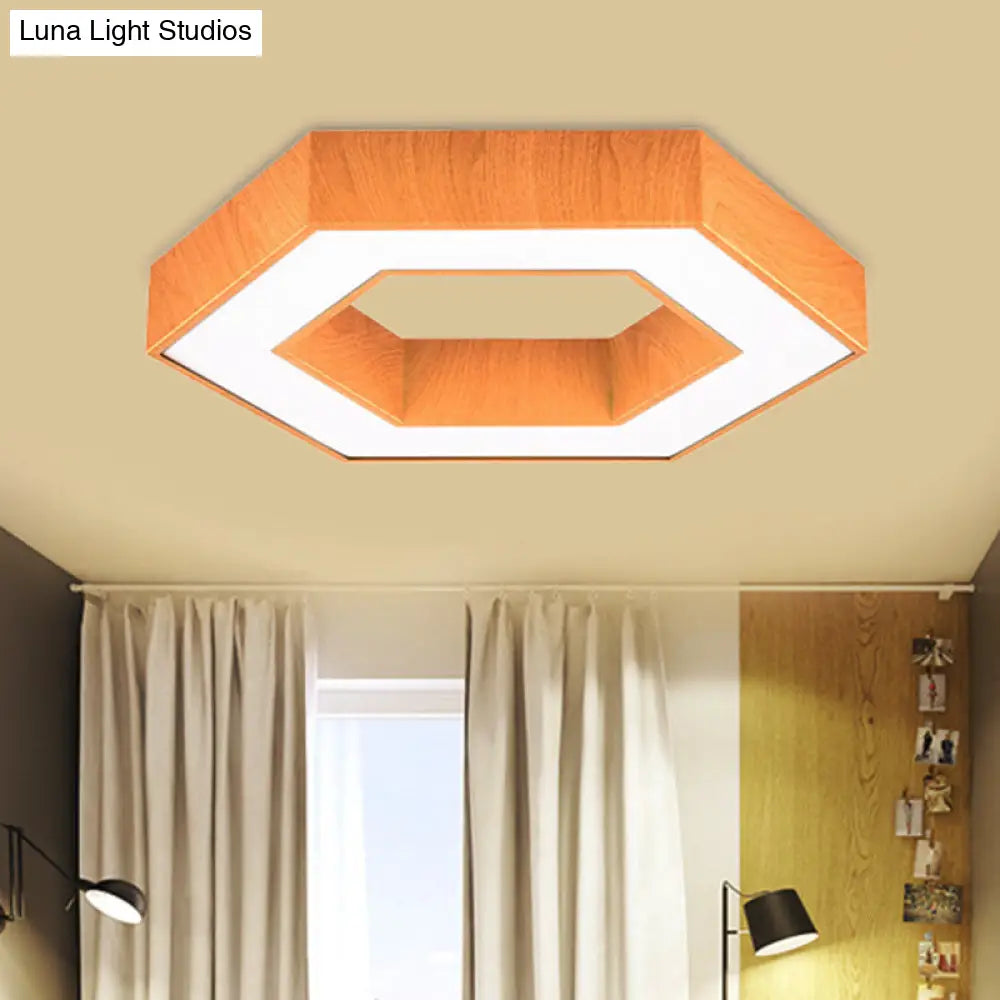 Modern Hexagon Wooden Led Flush Mount Ceiling Light In Beige - 16/23.5 Wide