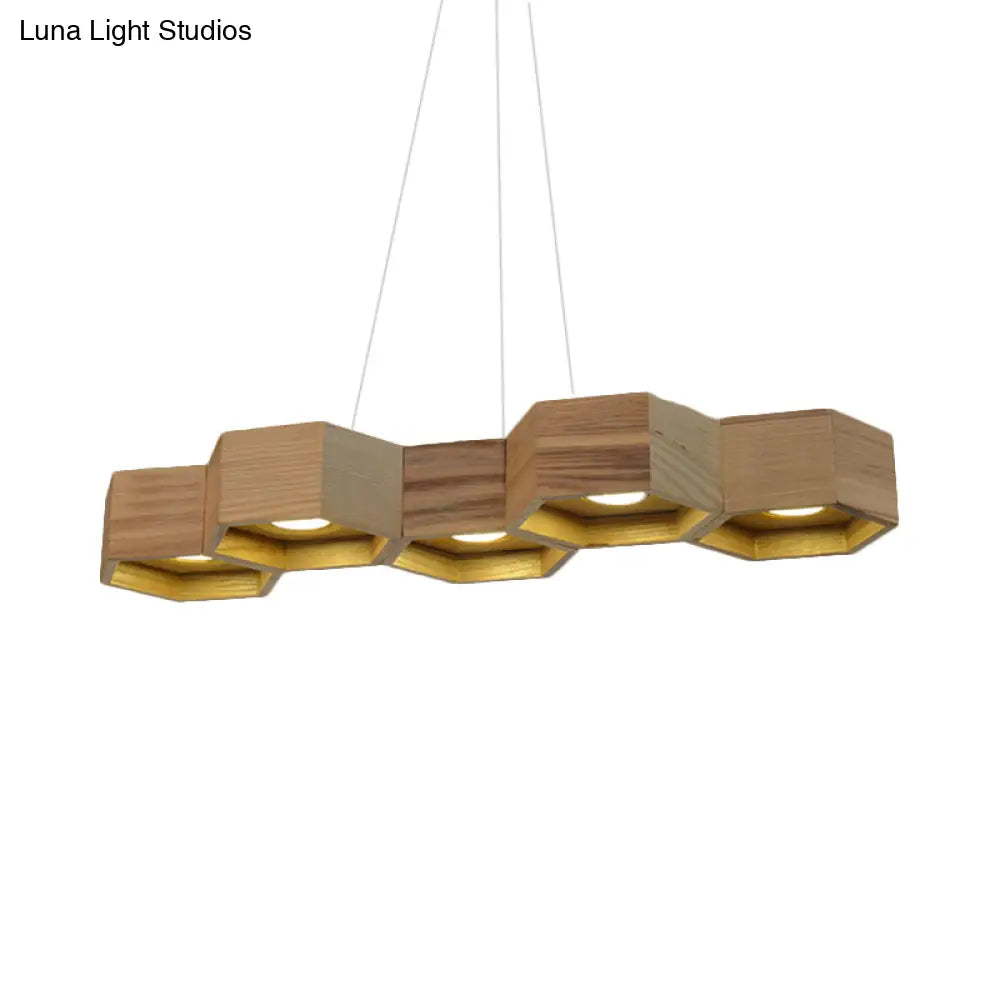 Modern Hexagonal Wooden Ceiling Light Fixture For Living Room - 5/7-Light Island Lighting