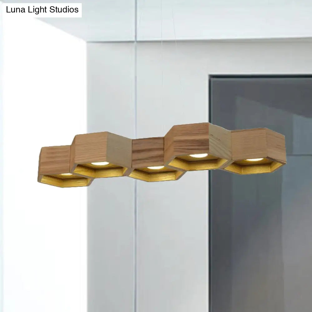 Modern Hexagonal Wooden Ceiling Light Fixture For Living Room - 5/7-Light Island Lighting