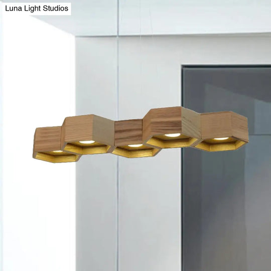 Modern Hexagonal Wooden Ceiling Light Fixture For Living Room - 5/7-Light Island Lighting