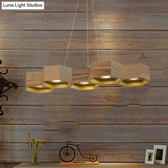 Modern Hexagonal Wooden Ceiling Light Fixture For Living Room - 5/7-Light Island Lighting