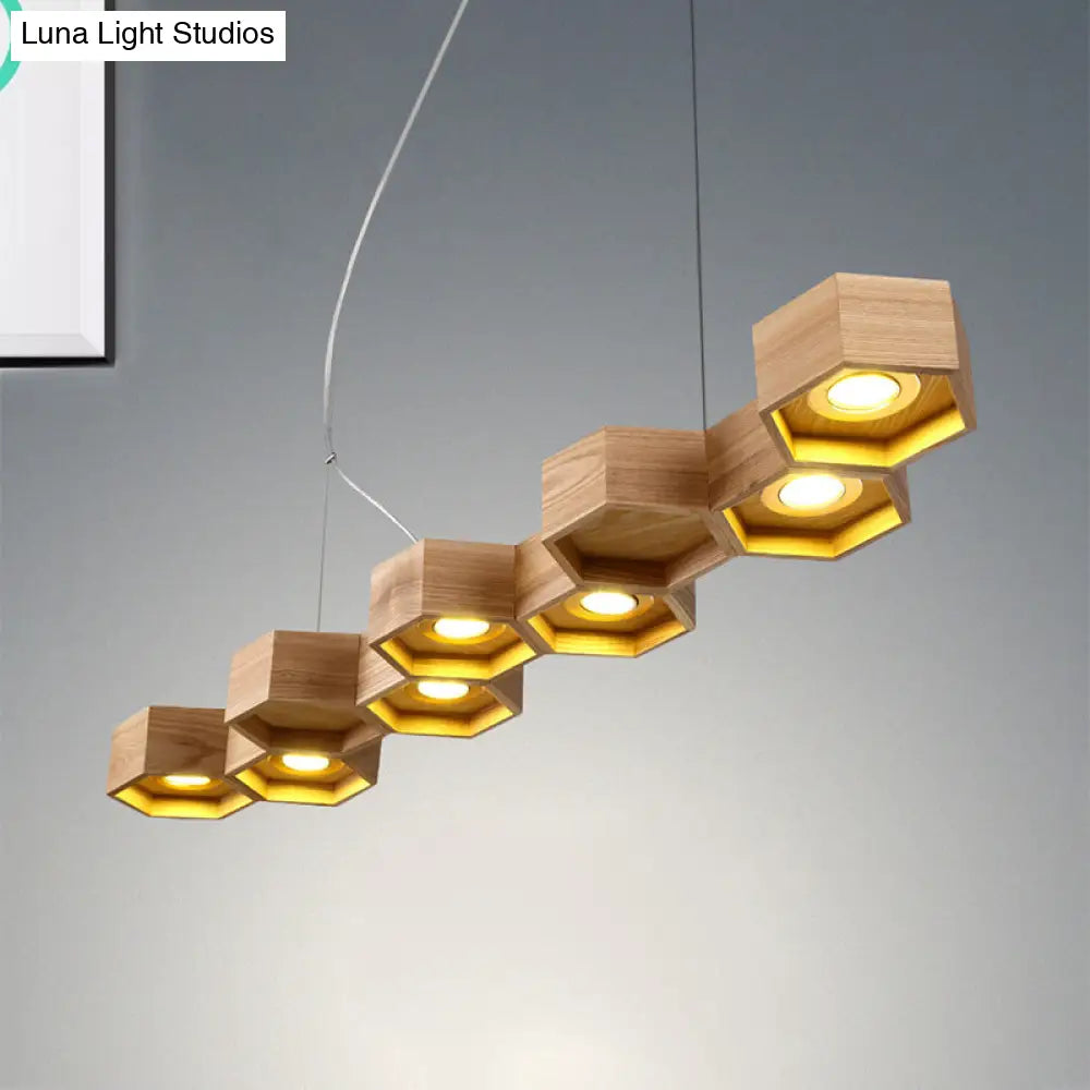 Modern Hexagonal Wooden Ceiling Light Fixture For Living Room - 5/7-Light Island Lighting