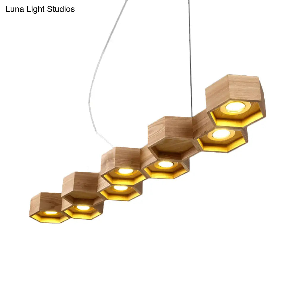 Modern Hexagonal Wooden Ceiling Light Fixture For Living Room - 5/7-Light Island Lighting