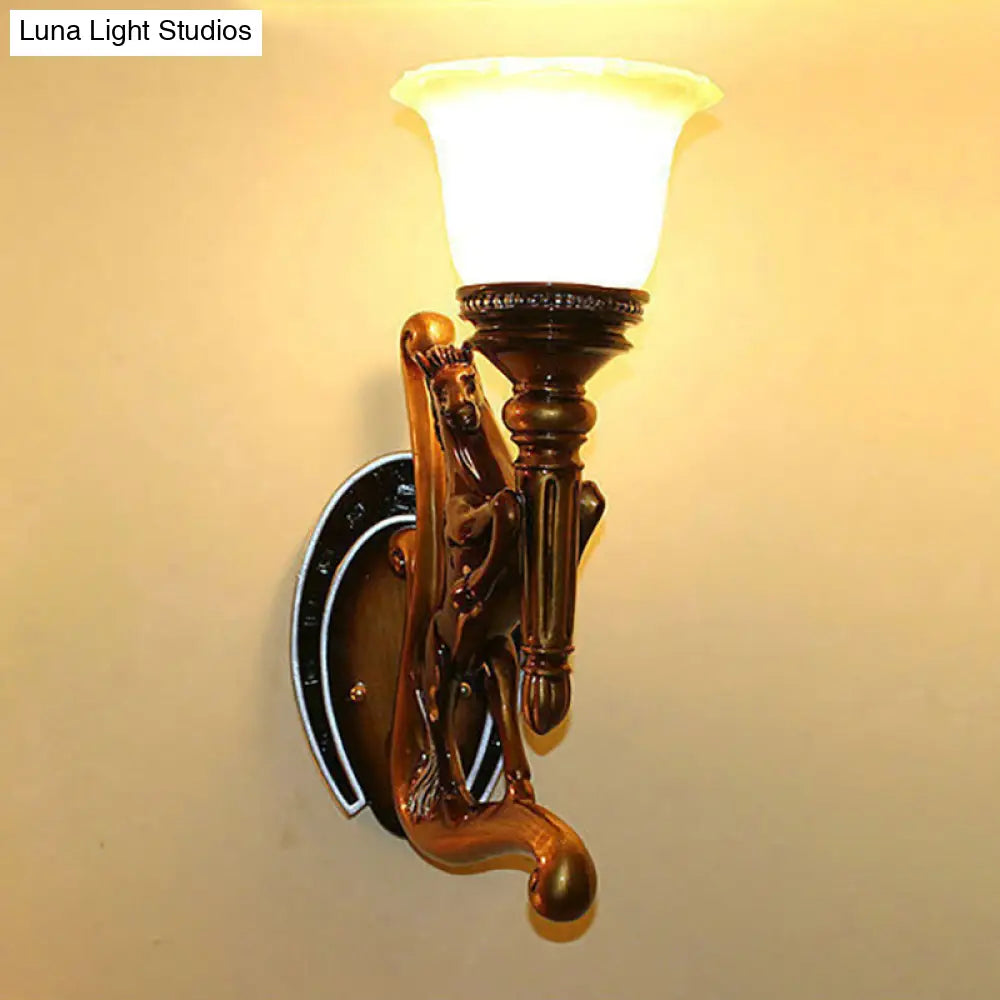 Modern Horse Resin Wall Sconce Light With Amber Glass Shade