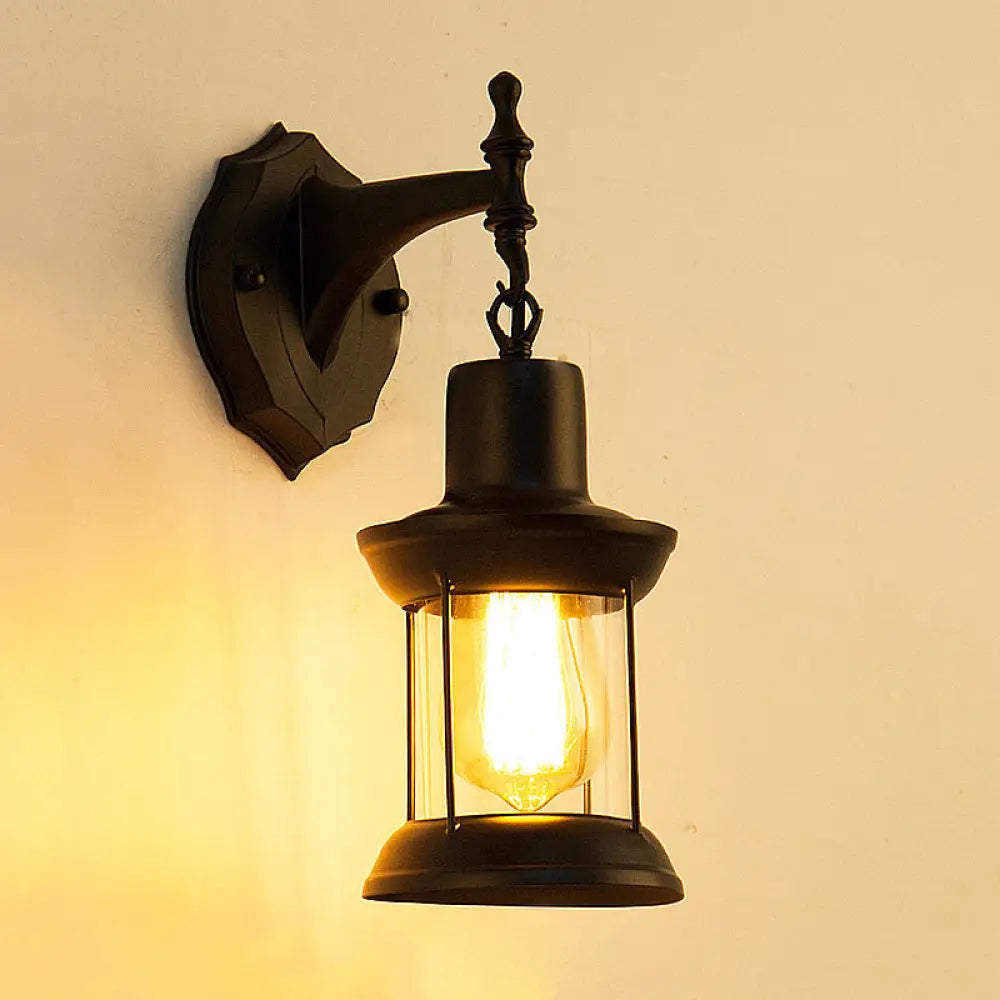 Modern Industrial 1-Light Clear Glass Sconce Wall Lantern For Kitchen Black