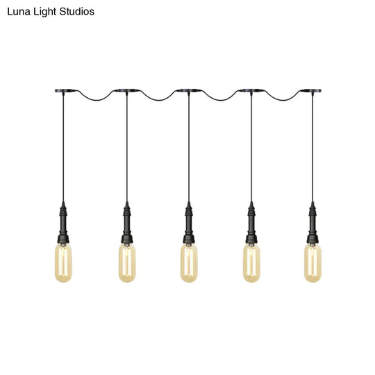 Industrial Black Finish Tandem Led Chandelier With 3/5/7 Lights And Amber Glass Capsules