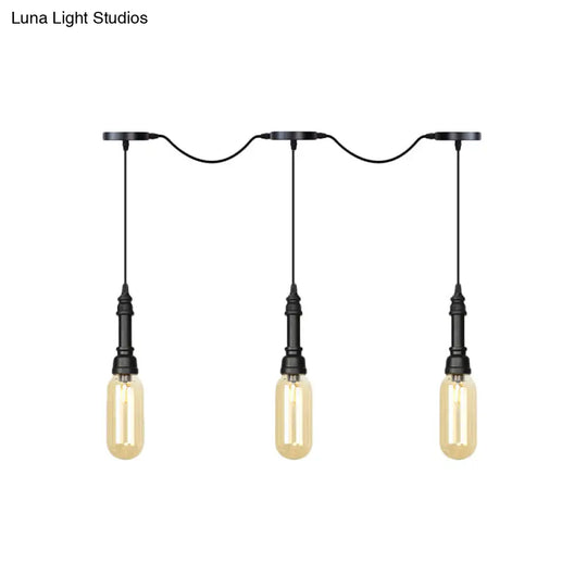Industrial Black Finish Tandem Led Chandelier With 3/5/7 Lights And Amber Glass Capsules
