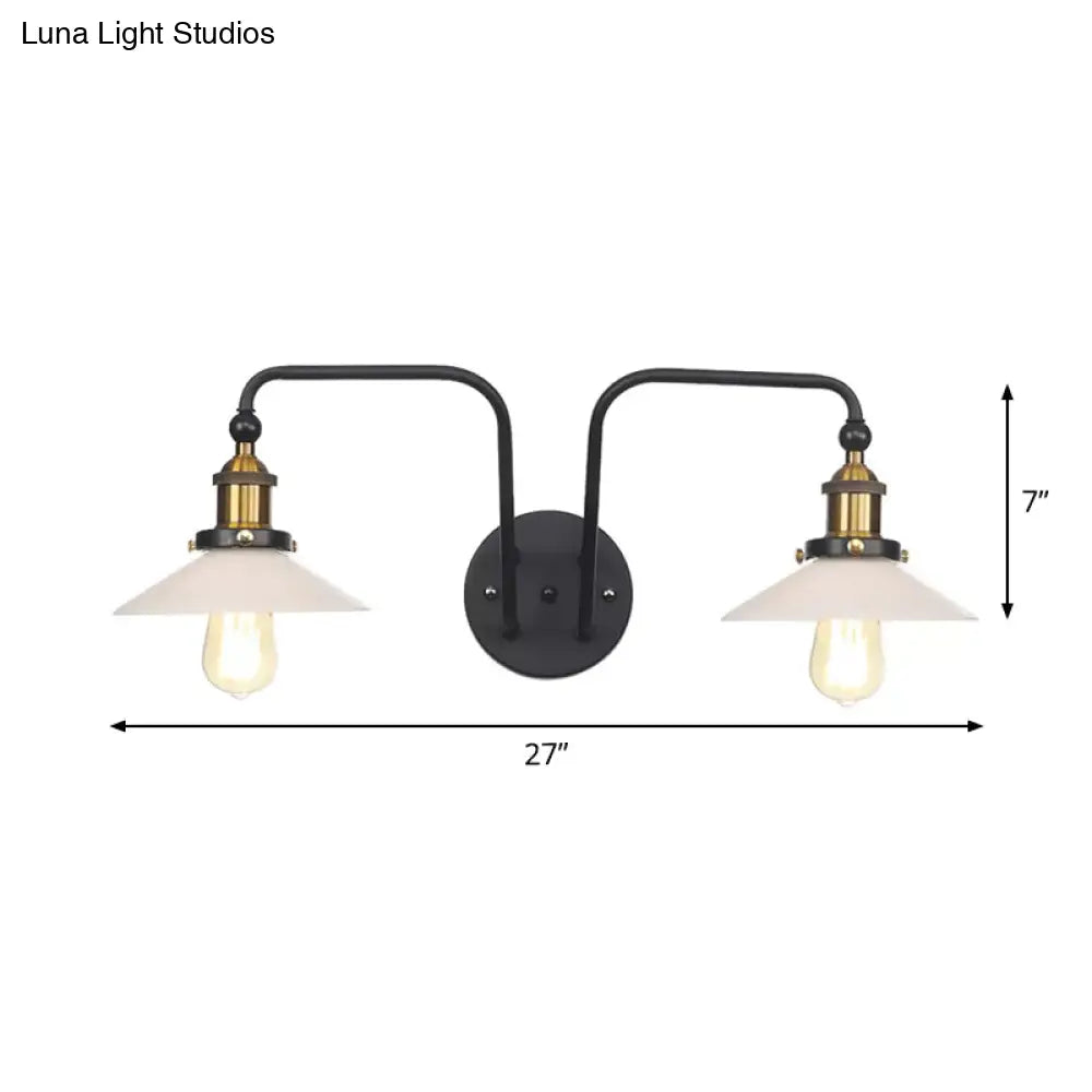 Modern Industrial Conic Sconce - Black Metal Wall Mount Lamp With 2 Bulbs For Indoor Lighting