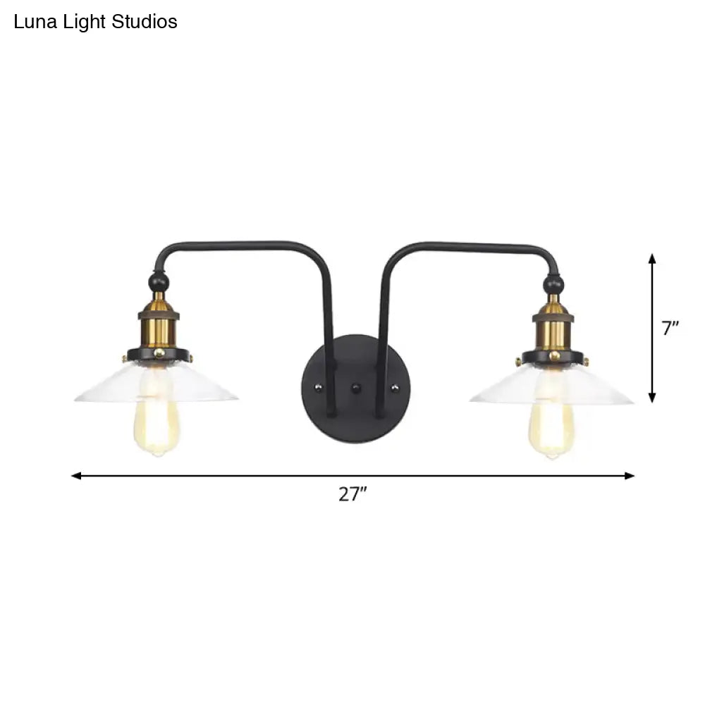 Modern Industrial Conic Sconce - Black Metal Wall Mount Lamp With 2 Bulbs For Indoor Lighting