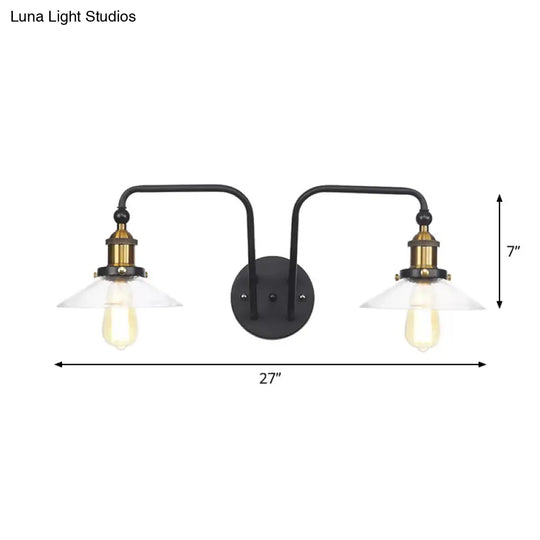 Modern Industrial Conic Sconce - Black Metal Wall Mount Lamp With 2 Bulbs For Indoor Lighting