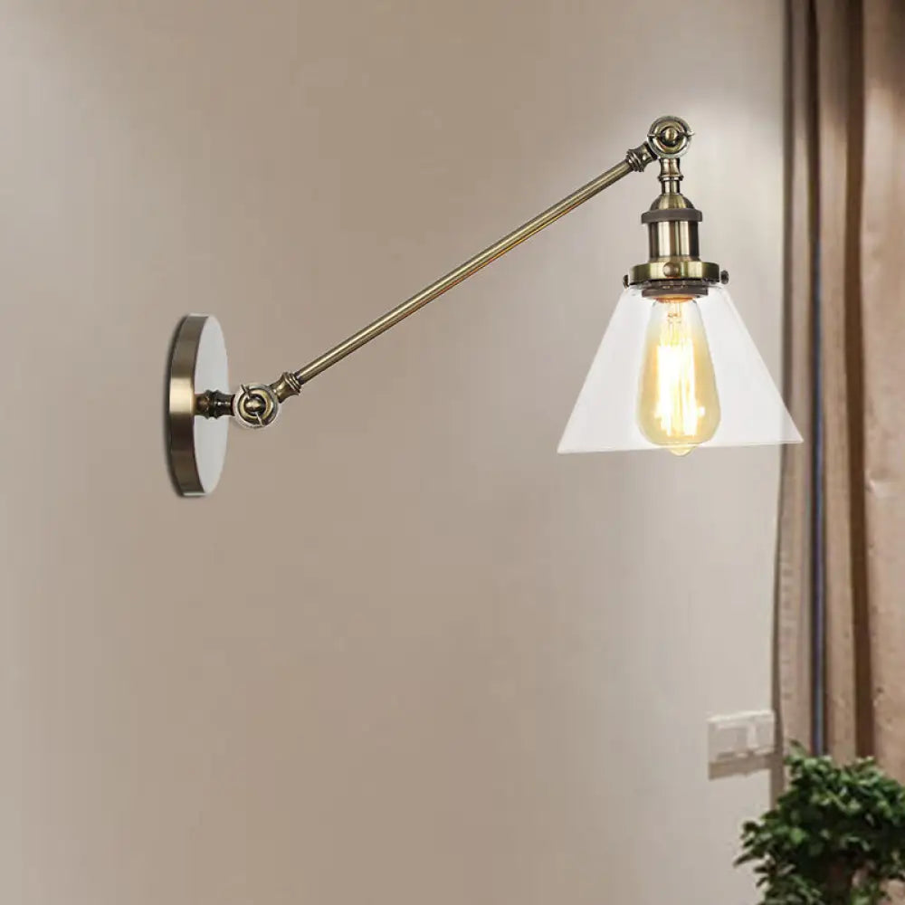 Modern Industrial Conical Sconce Light Clear Glass Lighting Fixture In Black/Bronze/Brass 8/12 L Arm