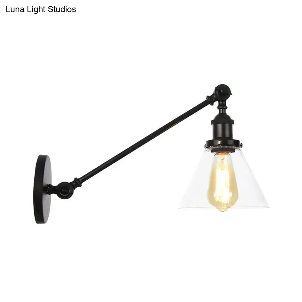 Modern Industrial Conical Sconce Light Clear Glass Lighting Fixture In Black/Bronze/Brass 8/12 L Arm