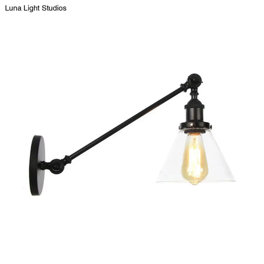 Modern Industrial Conical Sconce Light Clear Glass Lighting Fixture In Black/Bronze/Brass 8/12 L Arm