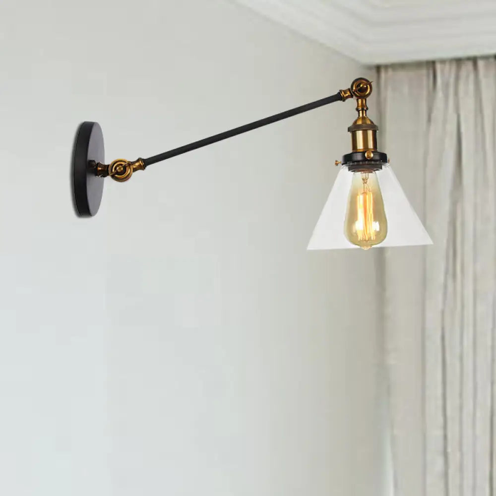 Modern Industrial Conical Sconce Light Clear Glass Lighting Fixture In Black/Bronze/Brass 8/12 L Arm