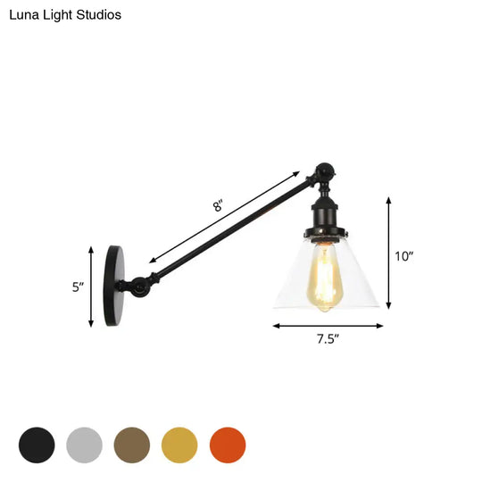 Modern Industrial Conical Sconce Light Clear Glass Lighting Fixture In Black/Bronze/Brass 8/12 L Arm