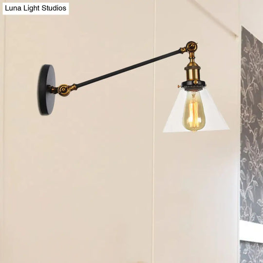 Modern Industrial Conical Sconce Light Clear Glass Lighting Fixture In Black/Bronze/Brass 8/12 L Arm