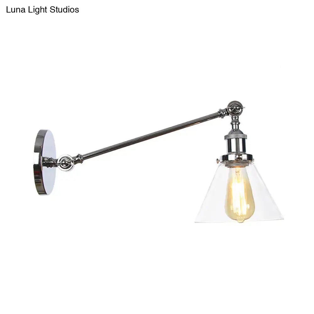 Modern Industrial Conical Sconce Light Clear Glass Lighting Fixture In Black/Bronze/Brass 8/12 L Arm