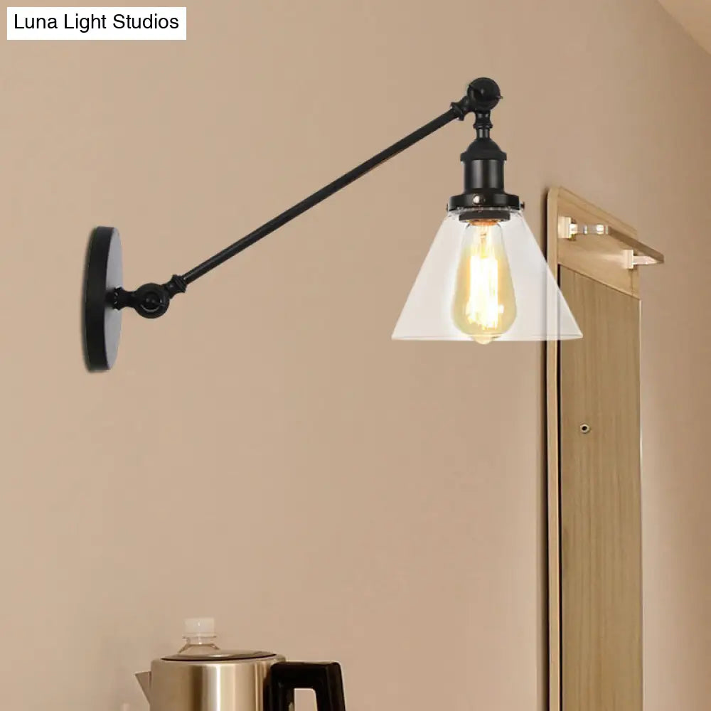 Modern Industrial Conical Sconce Light Clear Glass Lighting Fixture In Black/Bronze/Brass 8/12 L Arm