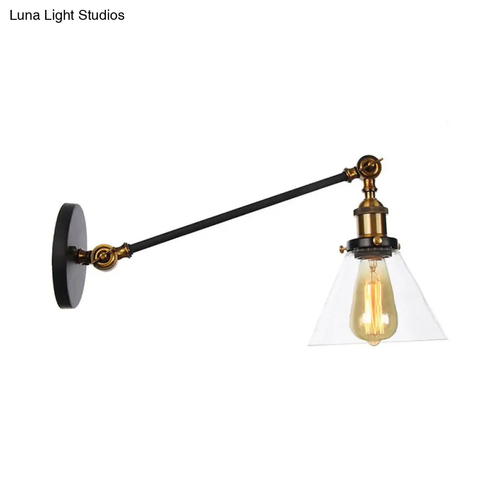 Modern Industrial Conical Sconce Light Clear Glass Lighting Fixture In Black/Bronze/Brass 8/12 L Arm