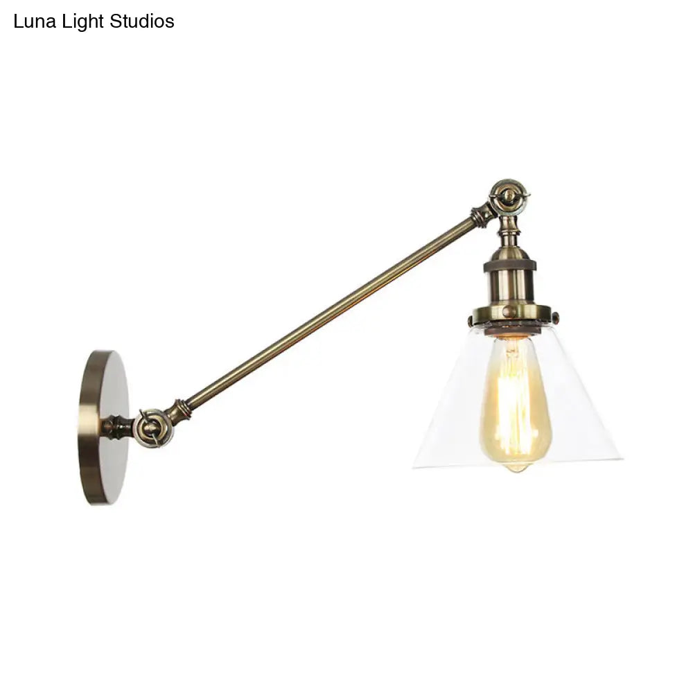 Modern Industrial Conical Sconce Light Clear Glass Lighting Fixture In Black/Bronze/Brass 8/12 L Arm