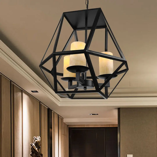 Modern Industrial Geometric Cage Chandelier - 3 Head Metallic Ceiling Lamp With Inner Glass Shade