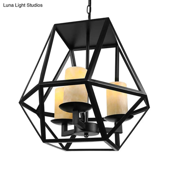 Geometric Cage Chandelier Lamp - Industrial Style 3-Head Metallic Ceiling Fixture With Glass Shade