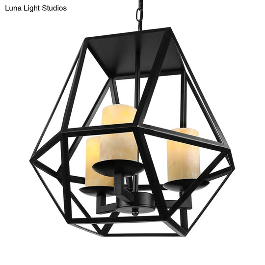 Modern Industrial Geometric Cage Chandelier - 3 Head Metallic Ceiling Lamp With Inner Glass Shade