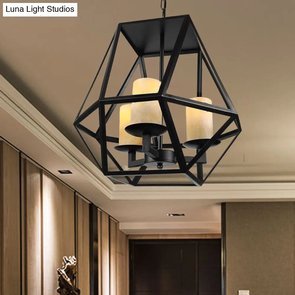 Geometric Cage Chandelier Lamp - Industrial Style 3-Head Metallic Ceiling Fixture With Glass Shade