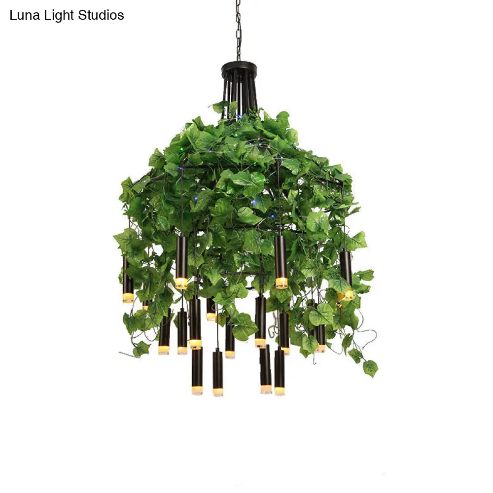 Modern Industrial Metal Chandelier Lamp - Wide Dome Design 22 Heads Hanging Light Kit With Plant